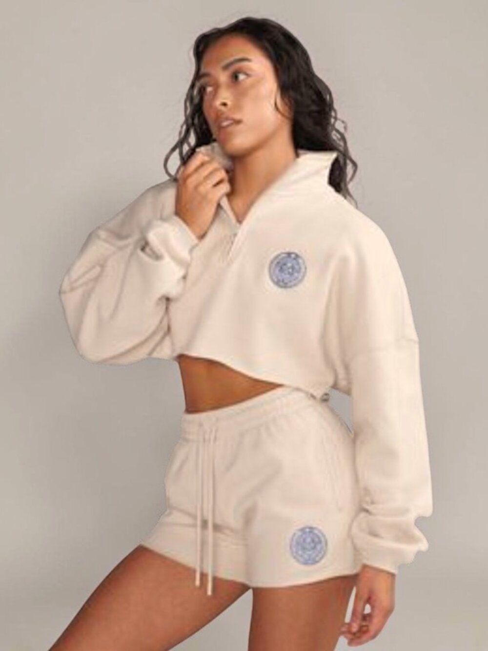 Young LA neutral beige quarter zip oversized boxy crop jacket fleece pullover S